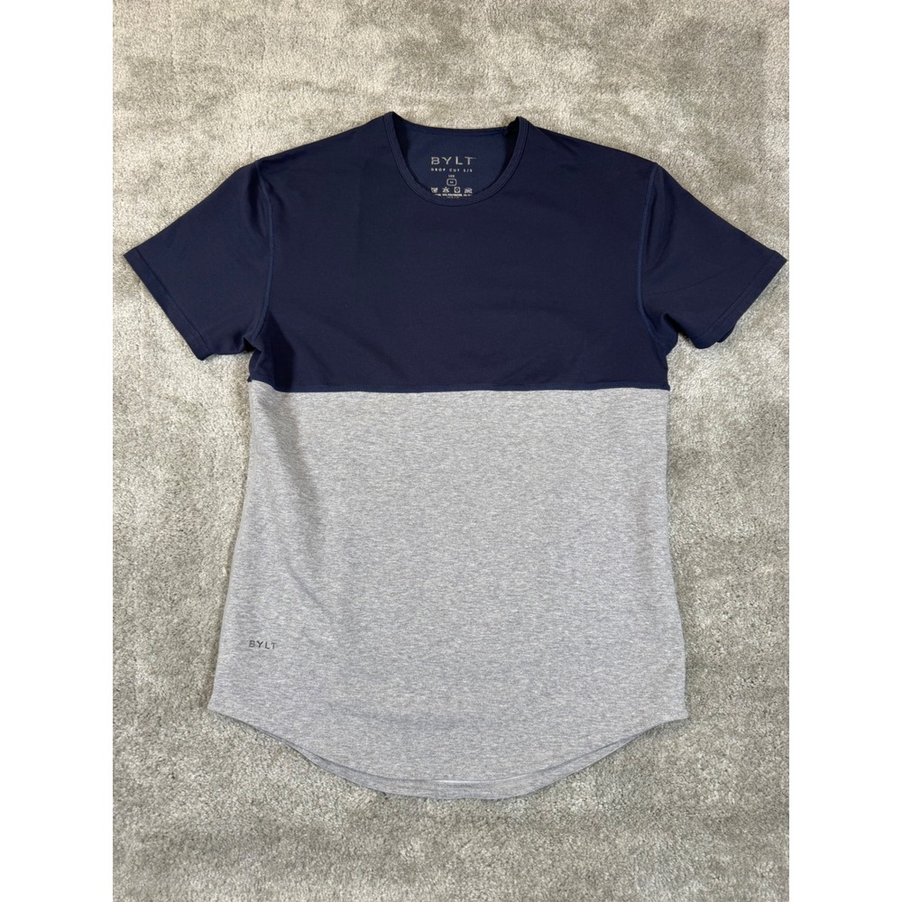 BYLT Basic Drop Cut SS Lux Shirt Men Medium Navy Blue Grey Colorblock Curved Hem